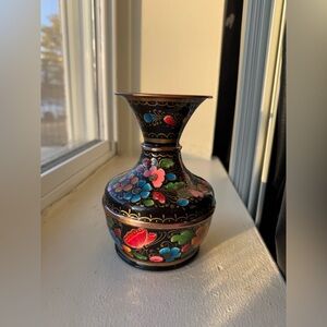 Magnificent Chinese Cloisonne Black Enamel Colorful Flowers & Buds Vase